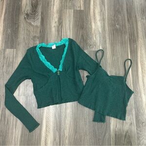 Urban outfitters green lace hem two piece long sleeve ribbed matching set